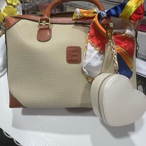 Authentic Bally genuine Leather Cream and Brown Satchel with Heart Charm